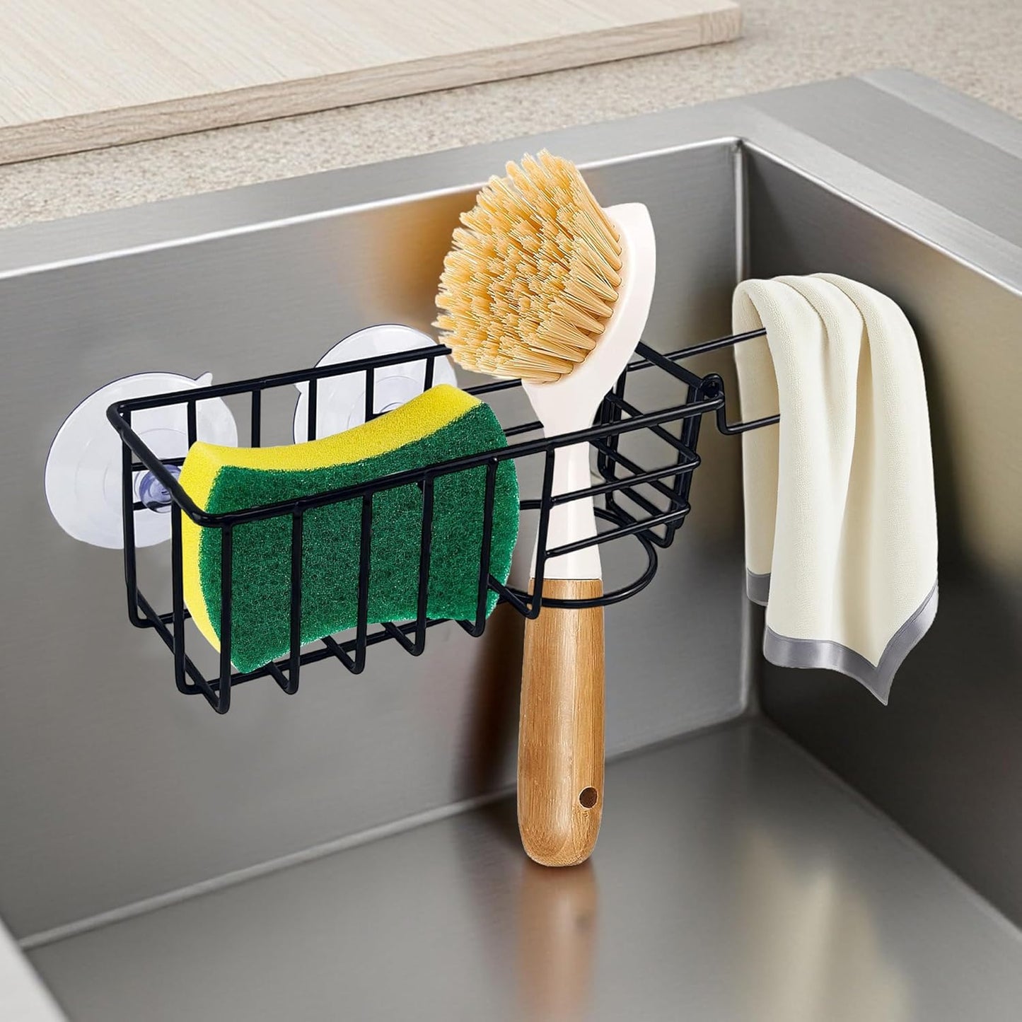 Sponge Holder with Dish Cloth Hanger for Kitchen Sink, In-sink Caddy Organizer with Suction Cups & Adhesive Strips, Rustproof Sponge Rack for Soap, Brush, Scrubber - Black（3 Pack）
