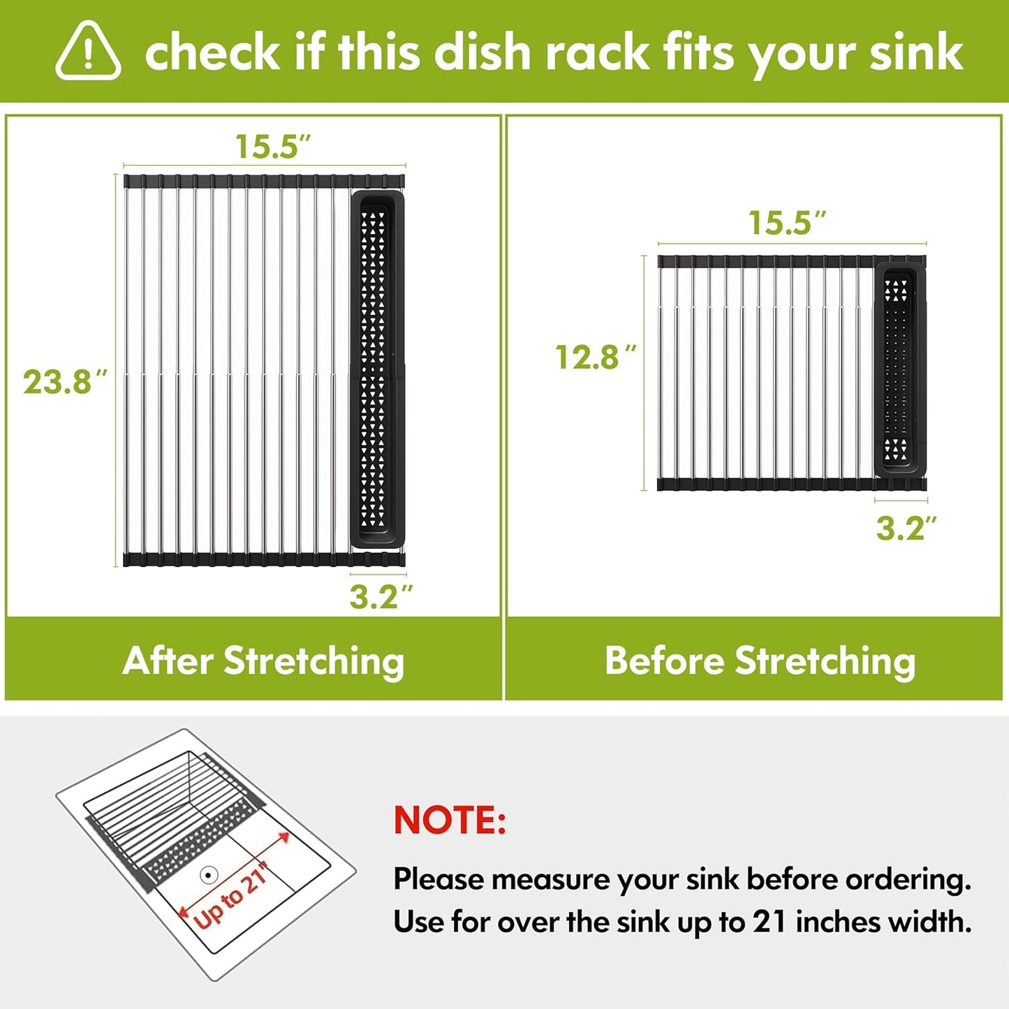 JASIWAY Dish Drying Rack, Roll Up Dryer Rack for Inside Sink, Expandable (12.8"-23.8" D x 15.5" W) 304 Stainless Steel Dish Drainers for Kitchen Counter, Over Sink Cover with Utensil Holder