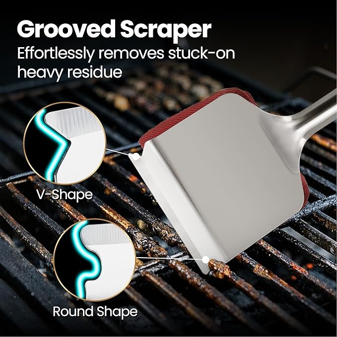 2-in-1 Stainless Steel Grill Brush Cleaning Kit, Grilling Accessories, Interchangeable BBQ Brush & Griddle Scraper with Fire-Resistant Cleaning Sponge, Dishwasher Safe Grill Cleaner, BBQ Accessories