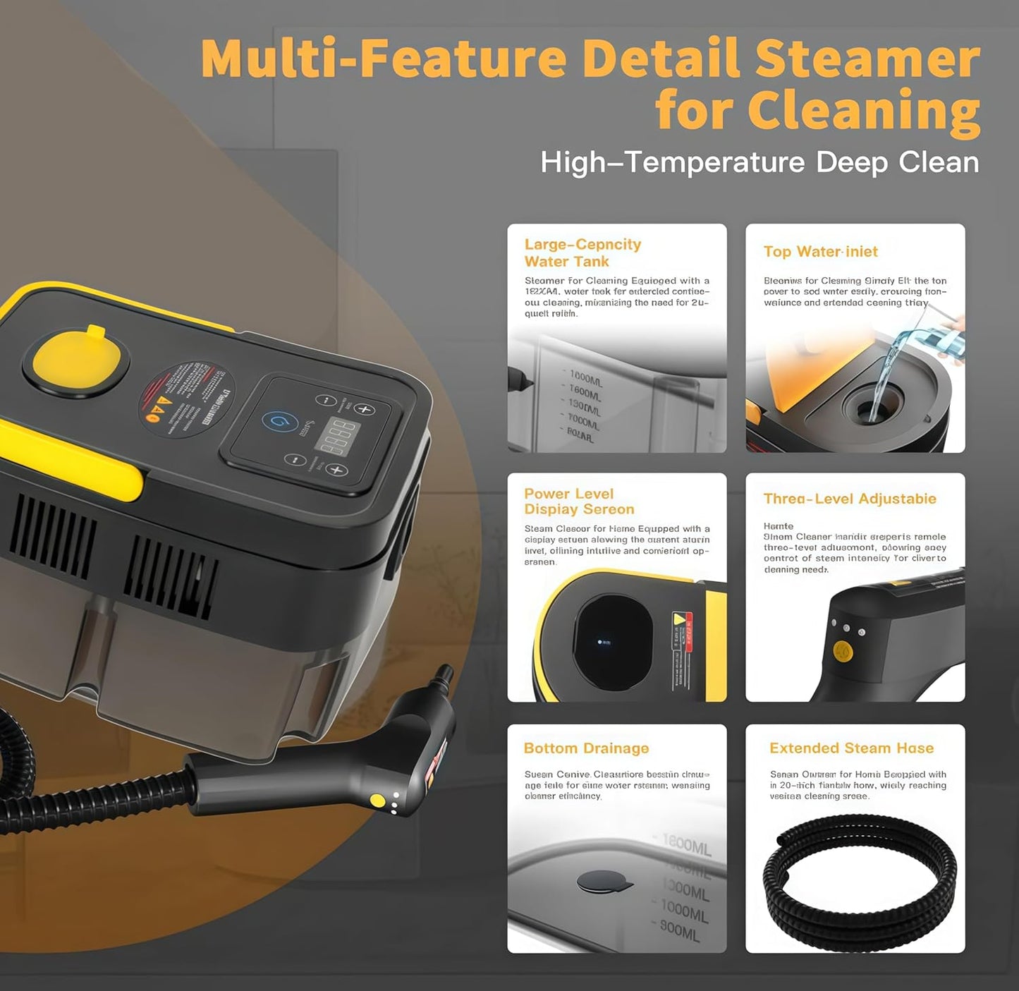 Handheld Pressurized Steam Cleaner， 6-Level Adjustable Handle 20s Heat-Up Big Tank, Portable Steamer for Cleaning Stubborn Dirt Grease Tile Grout Floor Car (Black/Yellow)