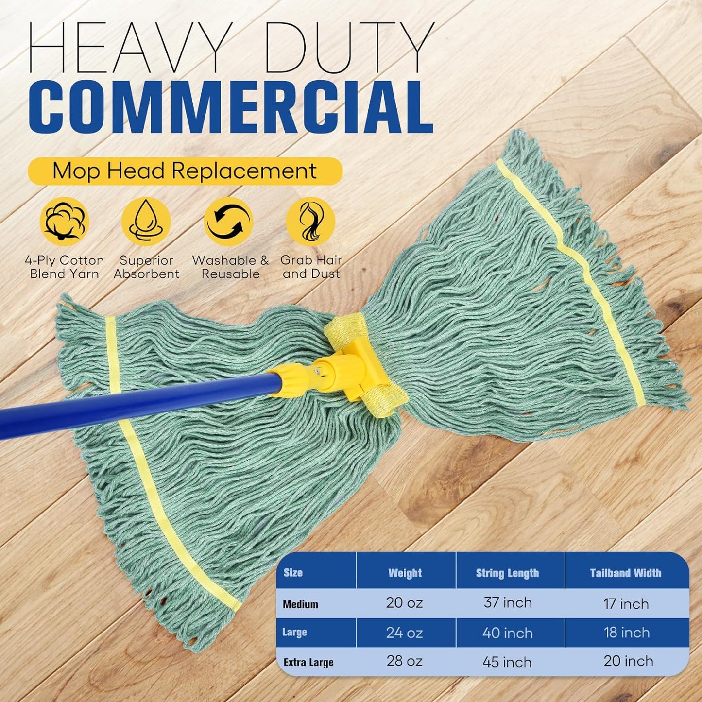 Matthew Cleaning Commercial Mop Head Replacement, 5 Inch Wide Headband, Looped End Cotton Blend String Wet Mops for Floor Cleaning, 24 oz Large, 1-Pack Green