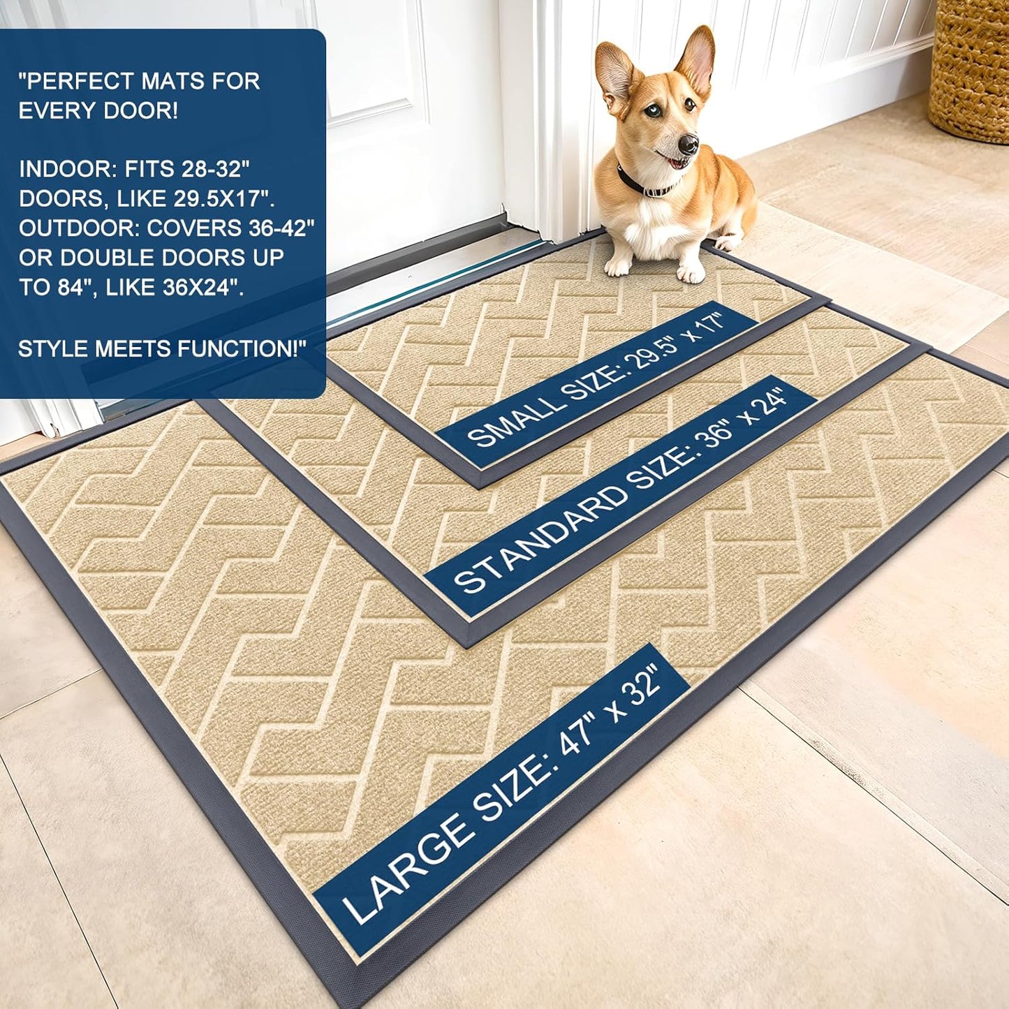 OLANLY Front Door Mat Indoor Outdoor Entrance, Waterproof All-Season, All-Weather Doormat, Sturdy Natural Rubber, Low Profile, Easy Clean Patio Porch Entryway Mat, Herringbone Brick (Beige, 71x47)