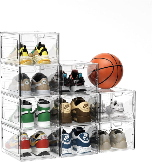 9 Pack Thicken Shoe Organizer Stackable,Upgraded Sturdy Shoe Storage Box with Magnetic Door,Shoe Containers For Sneaker Display,Hat Organizer,White