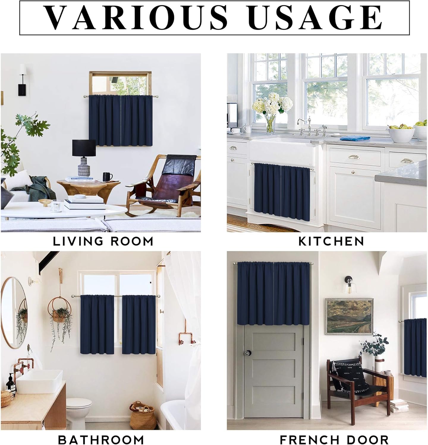 RYB HOME Blackout Curtains for Kitchen, Over Sink Privacy Curtains Window Decor, Thermal Insulating Drapes for Bathroom Cafe Bedroom Small Window, W 42 x L 24 inch, Navy Blue, 2 Panels