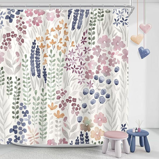 Long Shower Curtain 72 x 78 Inch, Tall Cute Floral Shower Curtain for Bathroom, Mauve Wildflower Boho Cottagecore Fabric Shower Curtain Set with Hooks