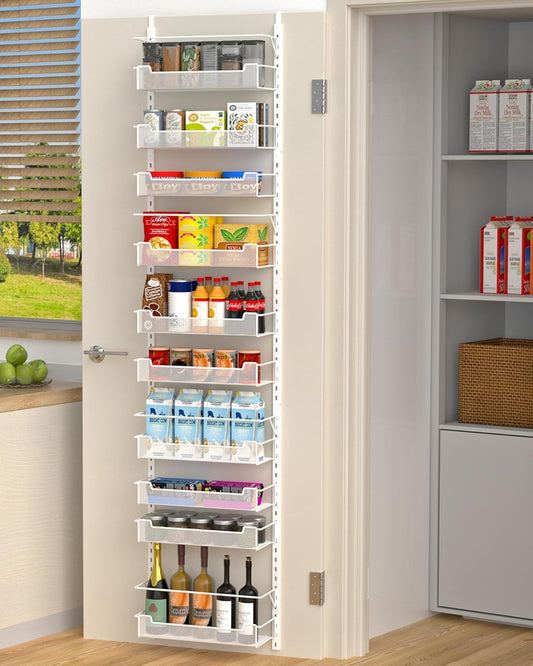 Over the Door Pantry Organizer, 10-Tier Over the Door Organizer with Adjustable Basket, Pantry Door Organization for Pantry Kitchen Storage Room Spice Rack, White