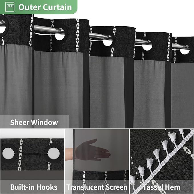 No Hook Long Shower Curtain Set with Snap-in Fabric Liner,Linen Textured Thick Striped Fabric with Tassels,Boho Farmhouse Rustic Luxury Bathroom Curtain,Water-Repellent,Black,71x80
