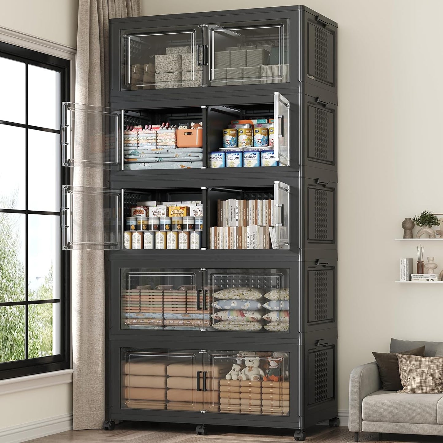 200GAL Extra Large Storage Bins with Lid, 800Qt Stackable Closet Organizers and Drawers, Collapsible Storage Bins with Wheels, Folding Storages Cabinet for Home Bedroom Office, 5Pack Black