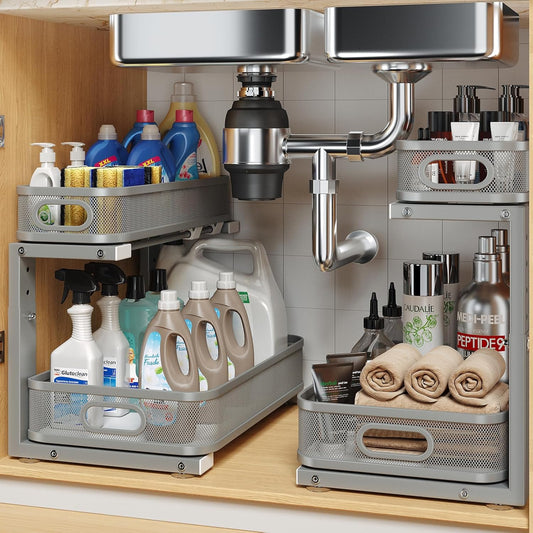 2 Pack 15.7IN-Depth Under Sink Organizer With Smooth Cylindrical Rail,2-Tier Pull Out Multi-Purpose Cabinet Storage for Bathroom&Kitchen,Height Adjustable,Rust-resistant Coating-Gun Gray