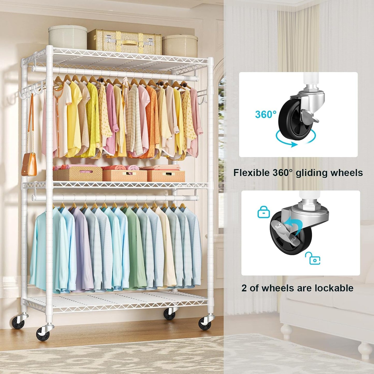 FUTASSI P1 Plus Rolling Clothes Rack, 22mm Diameter Heavy Duty Garment Rack with Wheels, Portable Closet Wardrobe with Double Rods, 45" W x 17.7" D x 80.5" H, Max Load 524 LBS, White