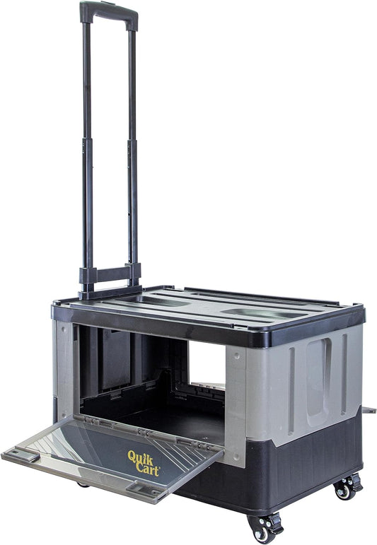 dbest products Quik Cart Extended Four Wheeled Rolling Crate Teacher Utility with seat Dual Accessible Doors Heavy Duty Collapsible Basket with Two Position Handle
