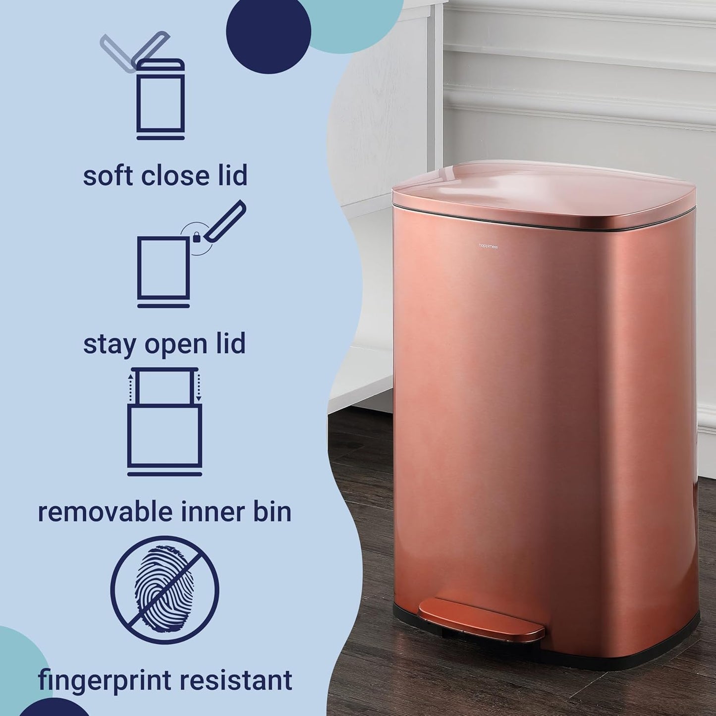 happimess HPM1006D Connor Rectangular Trash Can with Soft-Close Lid and Free Mini Trash Can, Modern Fingerprint Proof for Home, Kitchen, Office, Large:12.98 Gallon Small:1.3 Gallon, Rose Gold