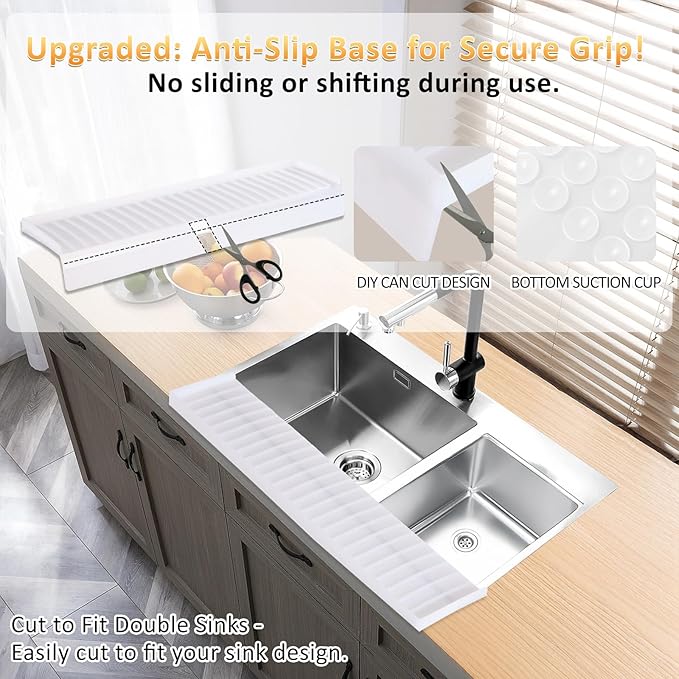 Sink Edge Protector with Suction Cup 4"x24", Silicone Sink Splash Guard for Kitchen & Bathroom, Protect Countertop from Scratches, Stains, for Stainless Steel Granite Quartz-Clear