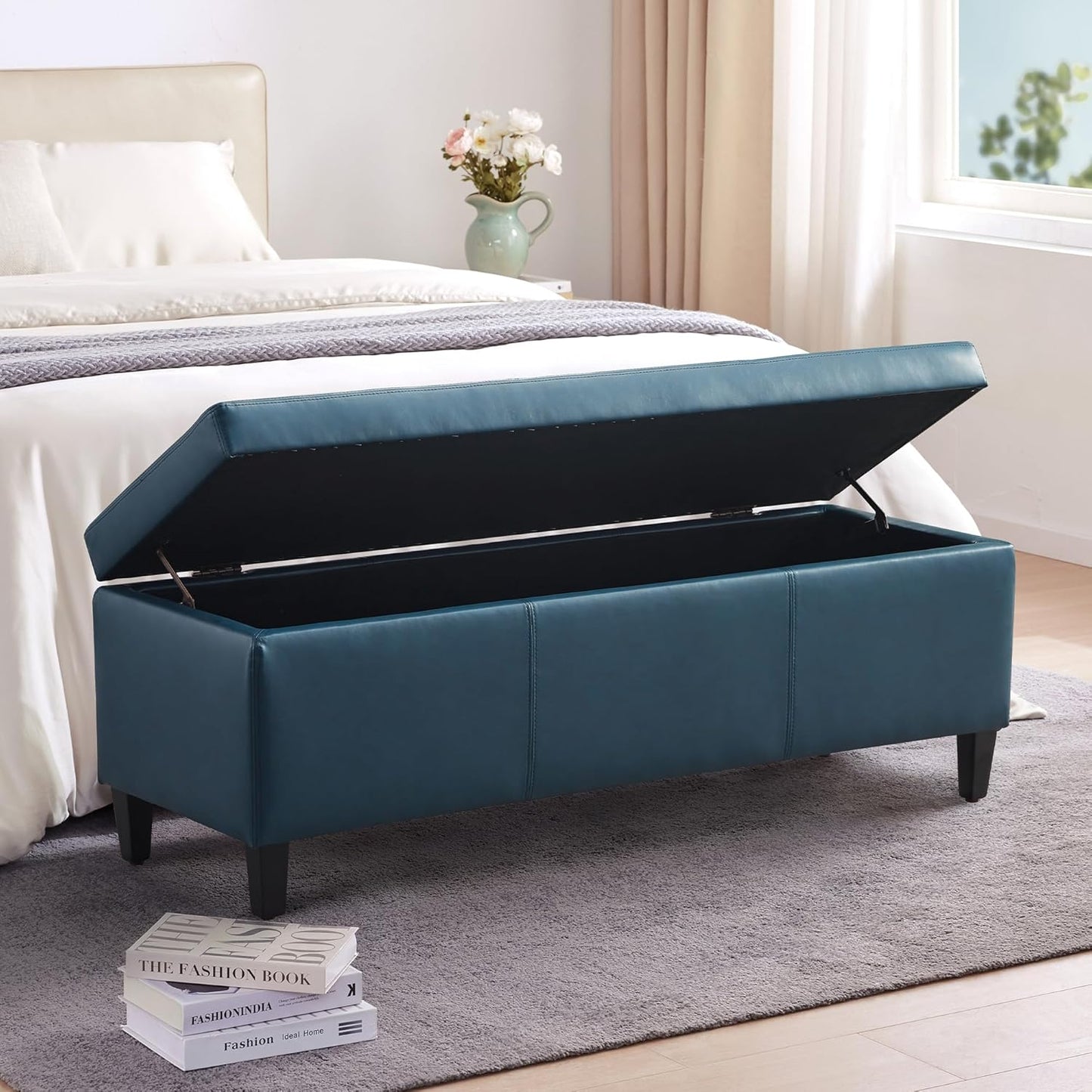 HUIMO Faux Leather Storage Ottoman Bench 50.3 Inch Extra Long PU Upholstered Bedroom Bench with Large Storage Space for The Living Room, Entryway, Bedroom Hold Up to 300lbs (Peacock Blue)