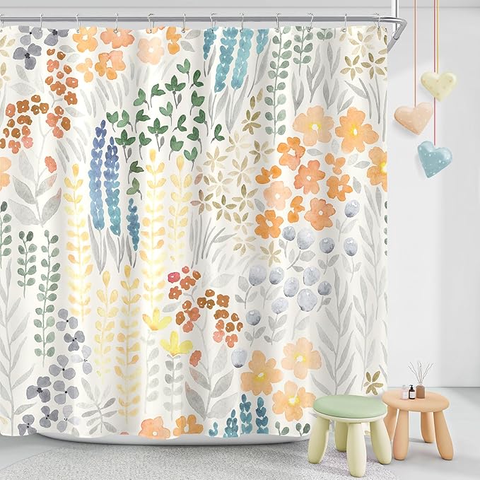 Extra Long Shower Curtain 72 x 84 Inch, Tall Cute Floral Shower Curtain for Bathroom, Orange Wildflower Boho Cottagecore Fabric Shower Curtain Set with Hooks