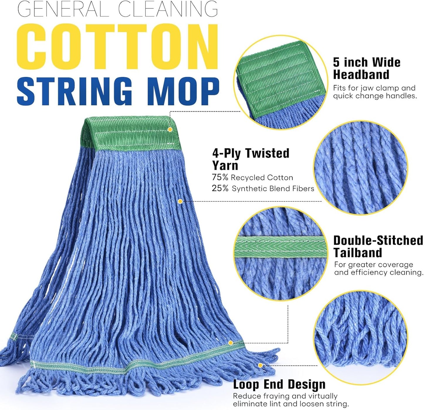 Matthew Cleaning Commercial Mop Head Replacement, 5 Inch Wide Headband, Looped End Cotton Blend String Wet Mops for Floor Cleaning, 18 oz Medium, Case Pack 12 Pcs Blue