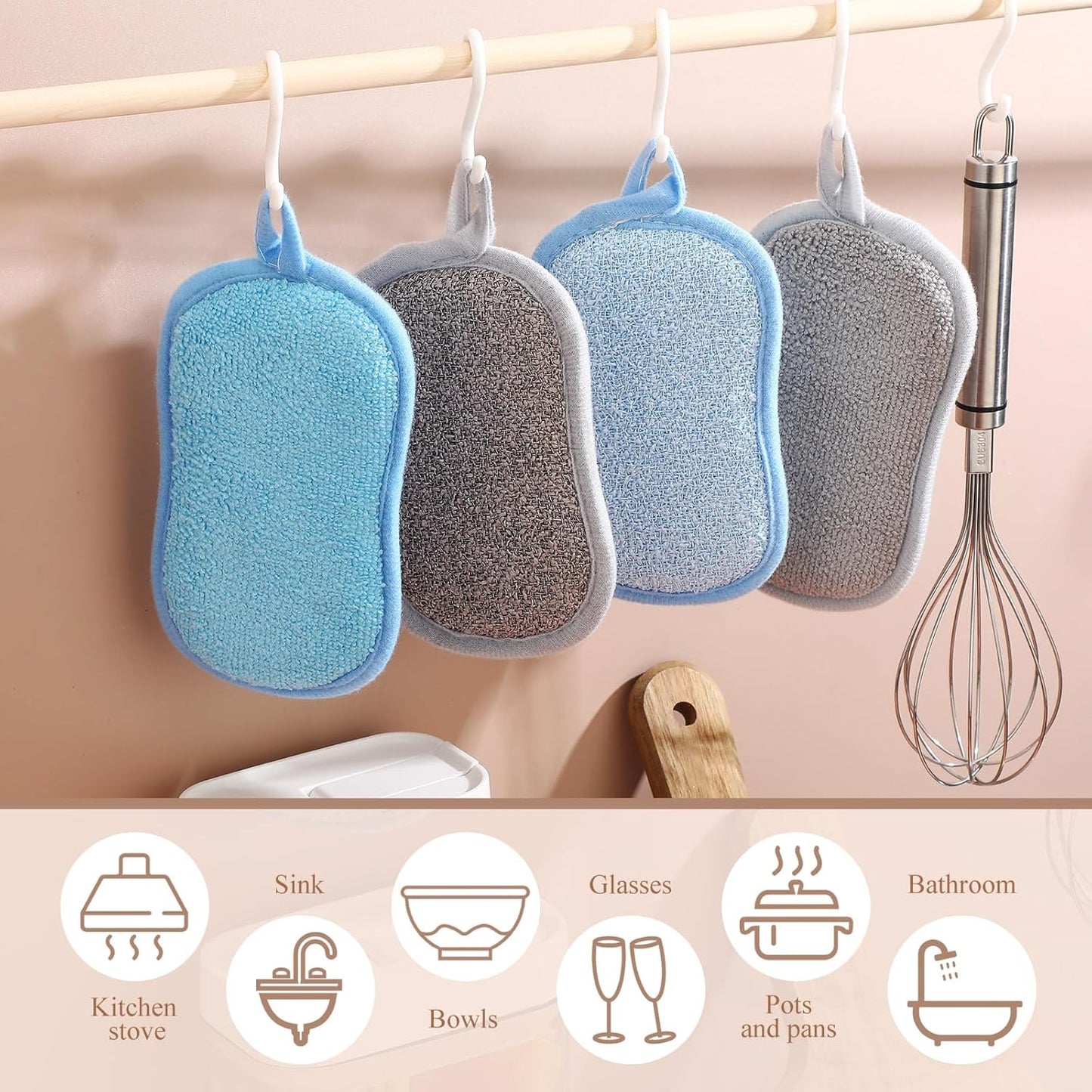 Boao 10 Pieces Multipurpose Kitchen Scrub Sponges, Non-Scratch Microfiber Scrub Sponges for Kitchen Reusable Scouring Pads Sponge Scrubber for Household Cleaning Dishes and Pots(Blue, Gray)