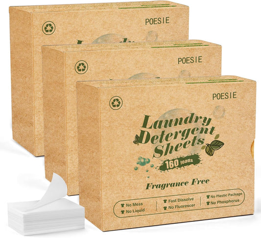 Poesie Laundry Detergent Sheets 3 Pack 480 Count 240 Loads Laundry Detergent for Travel Home Save Space Portable Laundry Strips Hypoallergenic Concentrated Soap Sheets Washing HE Fragrance Free