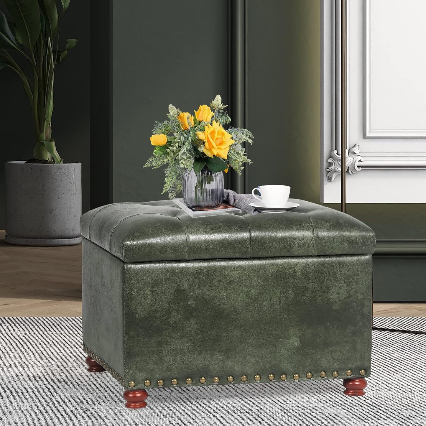 24'' Leather Ottoman with Storage Rectangle Foot Rest Ottomans Stool for Living Room(Green,Leather Texture)
