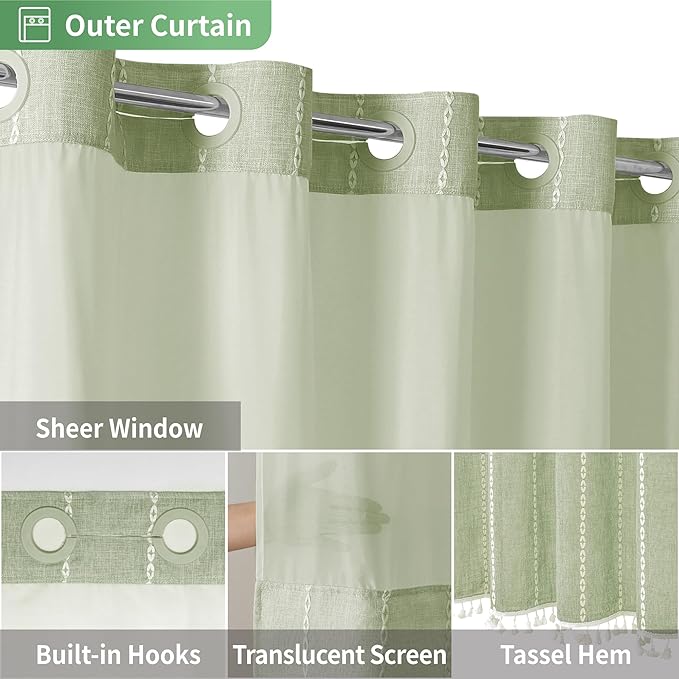 No Hook Stall Shower Curtain with Snap-in Fabric Liner - 54x80 Heavy-Duty Linen Textured Striped Design,Narrow Rustic Modern Farmhouse Bohemian Bathroom Curtain,Water-Repellent,Sage Green
