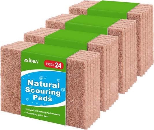 AIDEA Non-Scratch Natural Scouring Pads, Dish Scrubber Pads for Household and Kitchen, Cellulose Multipurpose Scour Pads for Cleaning -Natural Sisal Fibers, 24 Pack, 5.5in*3.5in