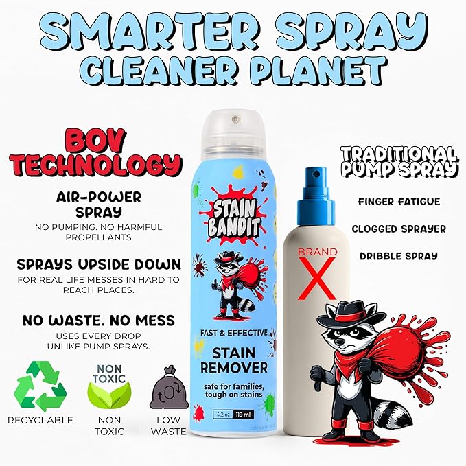 Stain Remover Spray - Non-Toxic, Family Safe Formula - Bag-On-Valve 360 Continuous Spray - Powerful Natural Cleaner for Clothes, Upholstery, Carpet, Car Seats & More - 4.2 oz