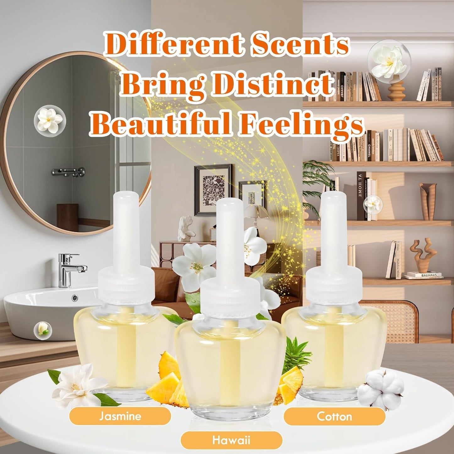 Plug in Air Fresheners Refills, Essential Oil Scented Refill with 2 Warmer, Jasmine, Hawaiian, Cotton, Long Lasting Home Fragrance for Bathroom, Compatible with Airwick, Compatible with Glade