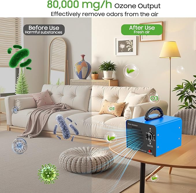 Ozone Generator Machine100,000mg/h, High Capacity Ozone Odor Eliminator Removal Air Purifier for Home Car Pet & Basement Odor, Suitable for Spaces up to 7,000 Square Feet, Blue