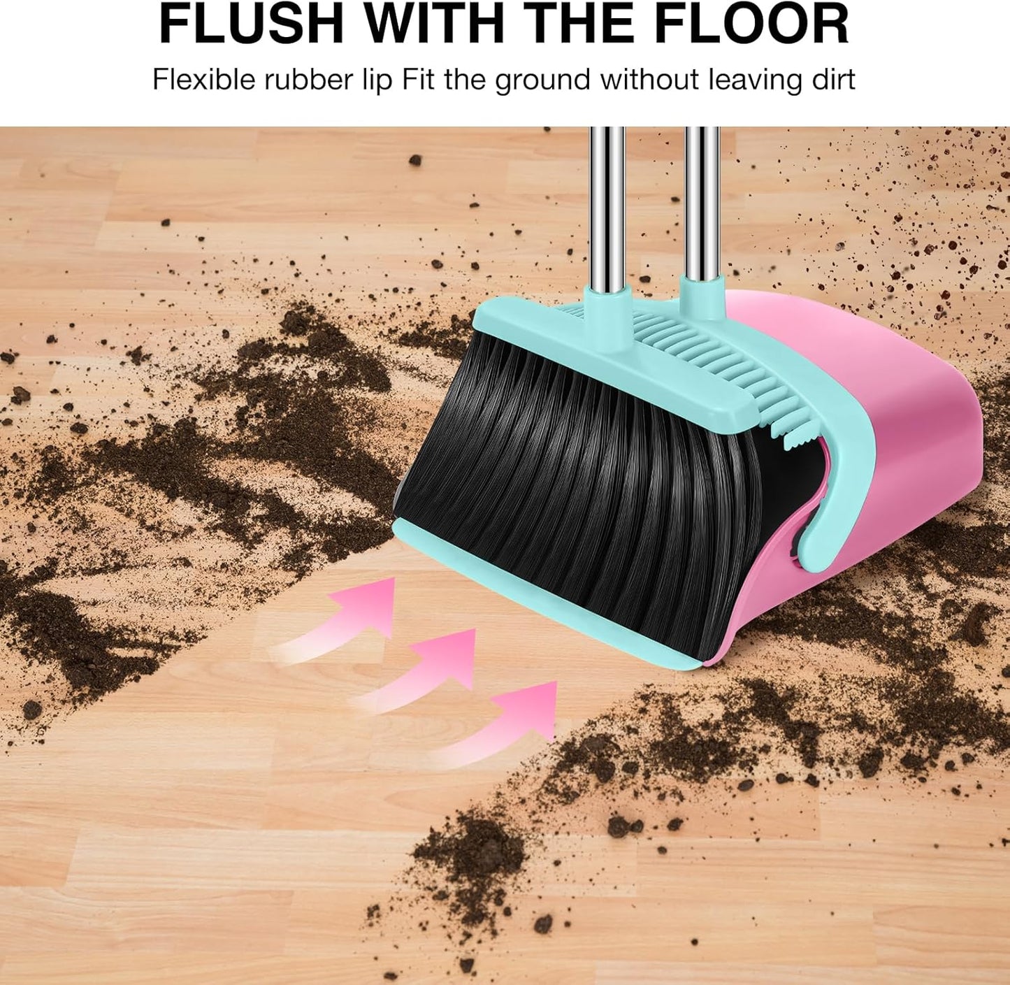 Broom and Dustpan Set, 52-in Long Adjustable Handle Broom Dustpan Combo with Dust pan Teeth to Automatically Clean Hair Suitable for Home Kitchen Office Hall Floor (Pink&Blue), 2 Pack