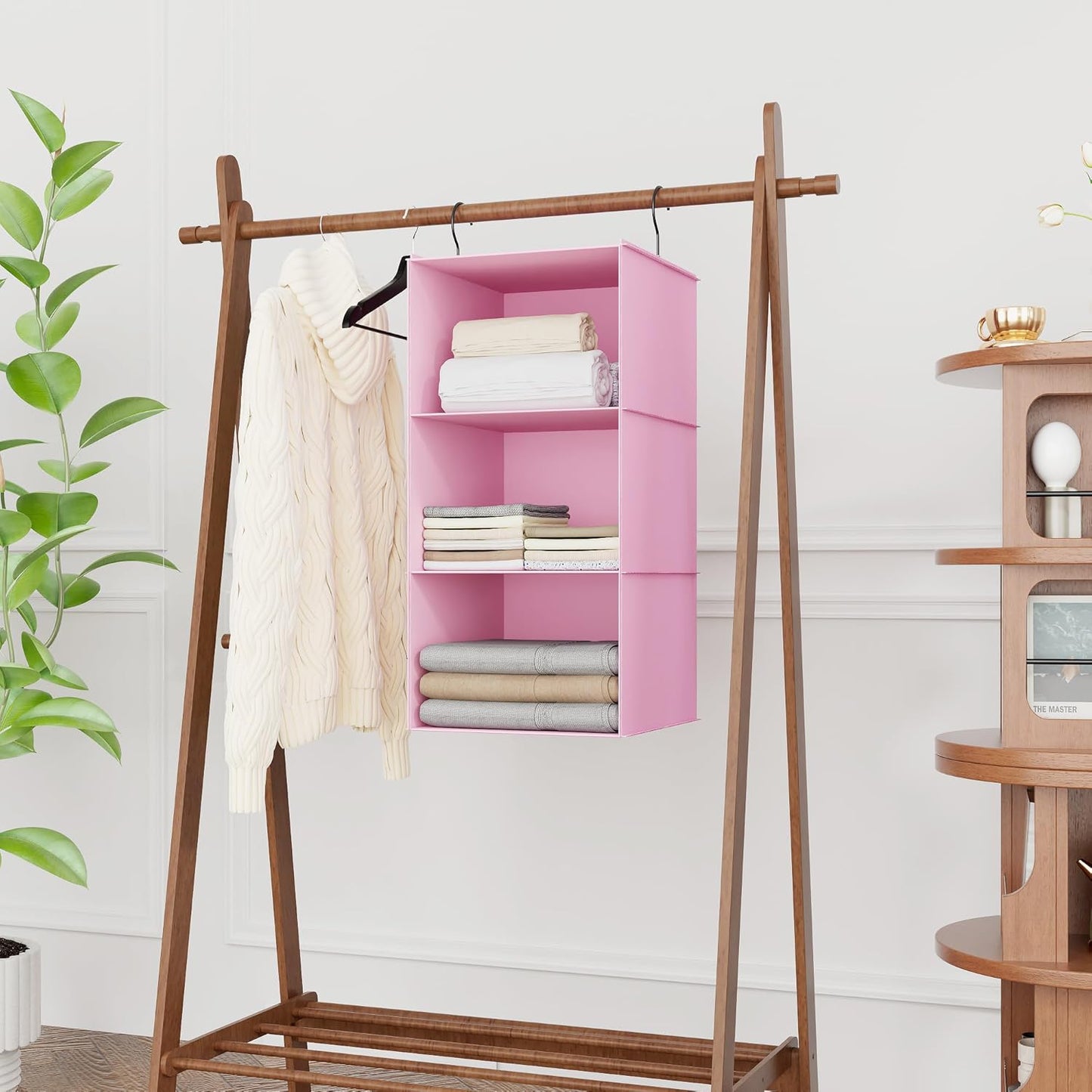 Hanging Closet Organizer and Storage 3-Shelf, Easy Mount Foldable Hanging Closet Wardrobe Storage Shelves, Clothes Handbag Shoes Accessories Storage, Washable Oxford Cloth Fabric, Pink