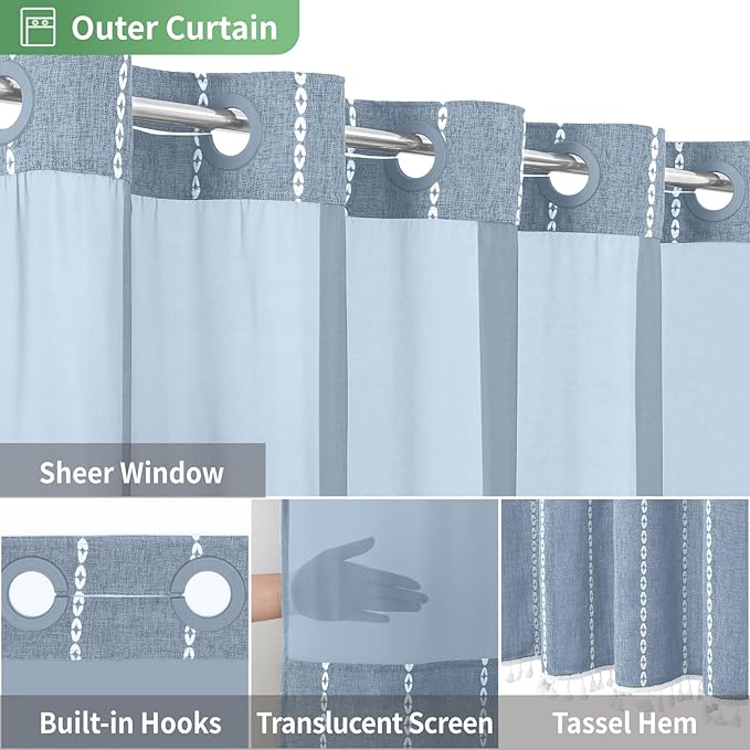 No Hook Stall Shower Curtain with Snap-in Fabric Liner - 54x80 Heavy-Duty Linen Textured Striped Design,Narrow Rustic Modern Farmhouse Bohemian Bathroom Curtain,Water-Repellent,Blue