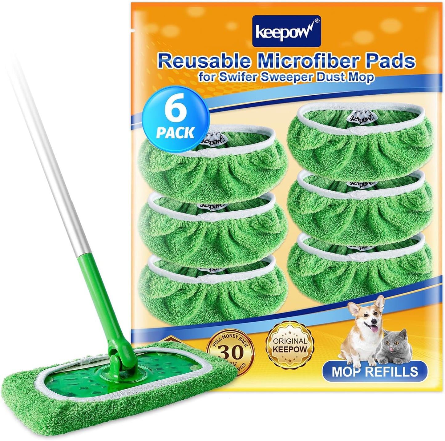 KEEPOW Reusable Wet Pads Refills Compatible with Swiffer Sweeper Mop, Dry Sweeping Cloths, Microfiber Wet Mopping Cloths for Hardwood Floor Cleaning, 6 Pack (Mop is Not Included)