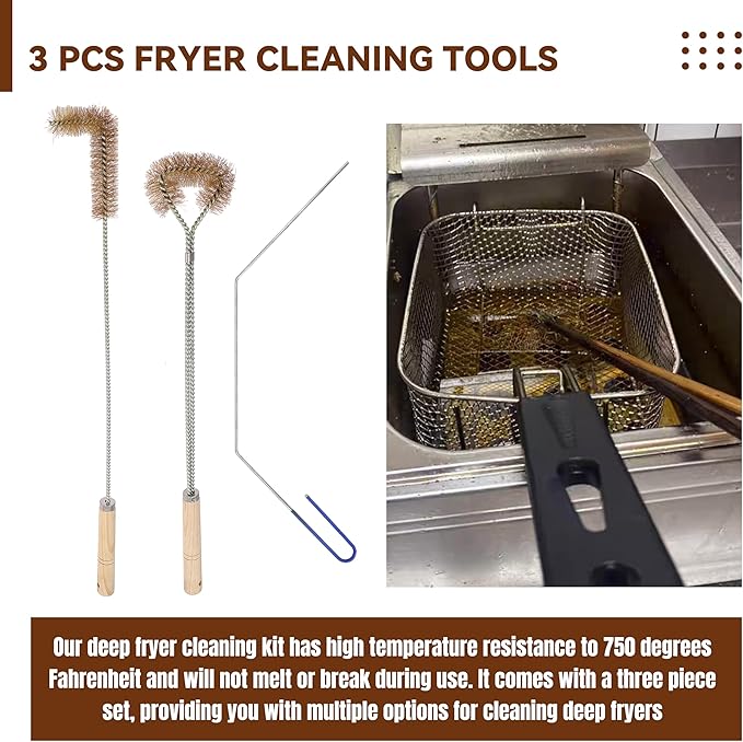 3 Pcs Fryer Cleaning Tools Including L Shaped Brass Bristles Fryer Deep Cleaning Brush, Fryer Deep Cleanout Rod, Long Handle Fryer Basket Brush for Restaurant Air Fryer Cleaning