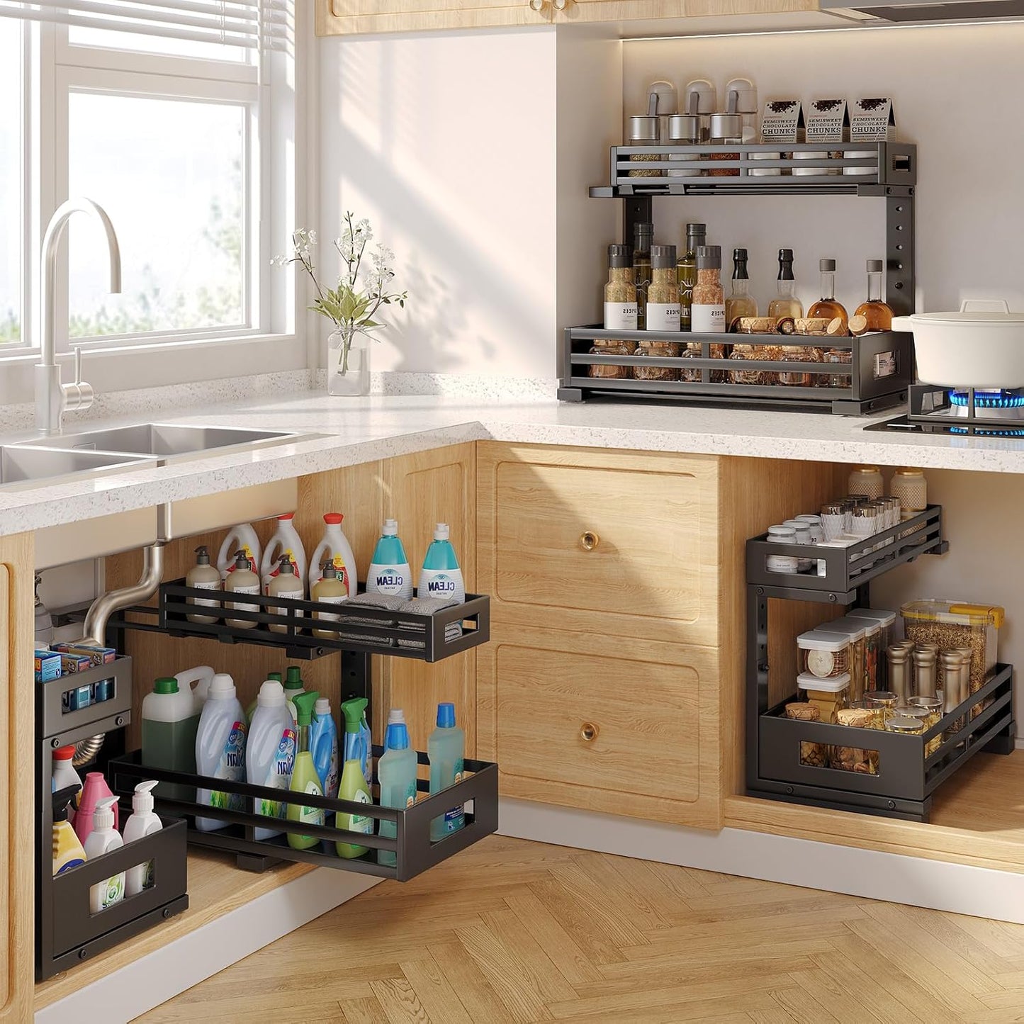 2-Pack 17"Deep Under Sink Organizer And Storage, 2-Tier L-Shaped Pull Out Cabinet Organizer with Upgraded Slide Rails, Height Adjustable Drawers for Kitchen&Bathroom, Extra-Large Storage Shelves–Black