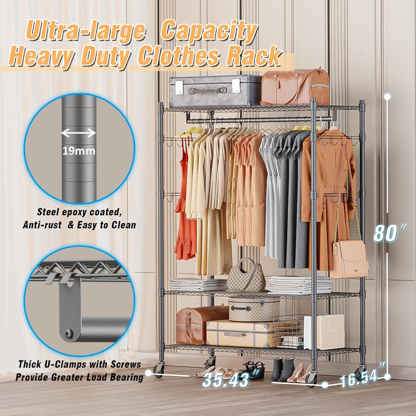 Homdox Heavy Duty Rolling Clothing Rack, Adjustable Garment Rack with 3 Tier Storage Shelves, Freestanding Closet Wardrobe for Hanging Clothes with Side Hooks, Gray