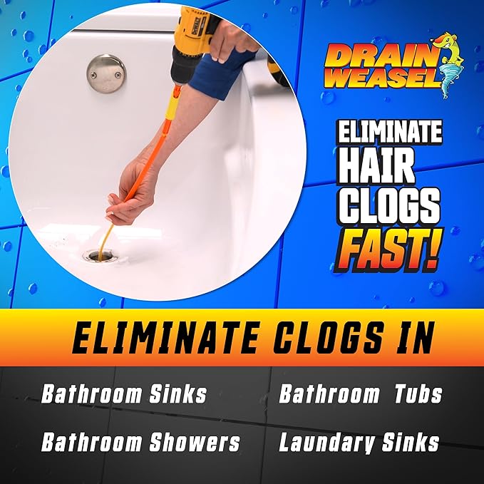 FlexiSnake Drain Weasel MAX Power Sink Snake Hair Clog Remover Tool, Sink, Pipe, Bathroom, Bathtub Drain Cleaner, with Drill Connector, 30-inches Long, Made in The USA