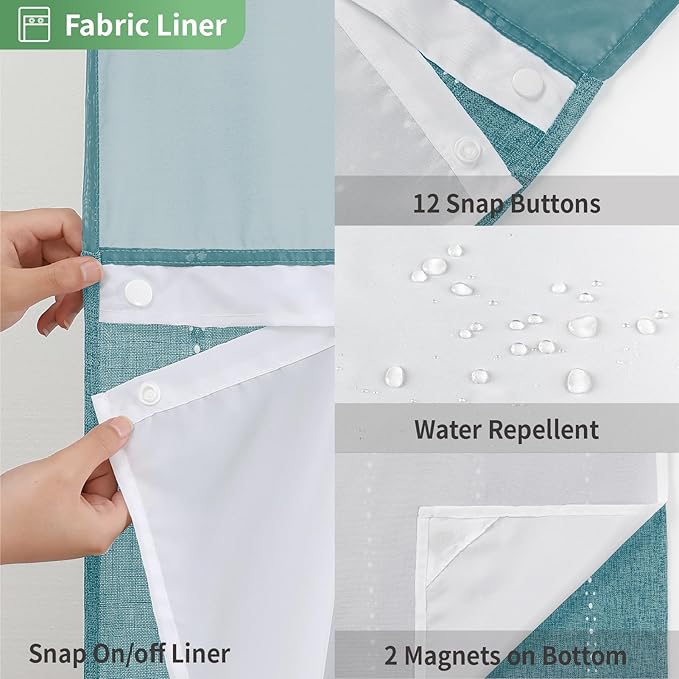 Boho Farmhouse No Hook Shower Curtain Set with Snap-in Fabric Liner,Heavy-Duty Linen Textured Rustic Striped Design,Water-Repellent with Tassels and Sheer Window,Teal,71x74
