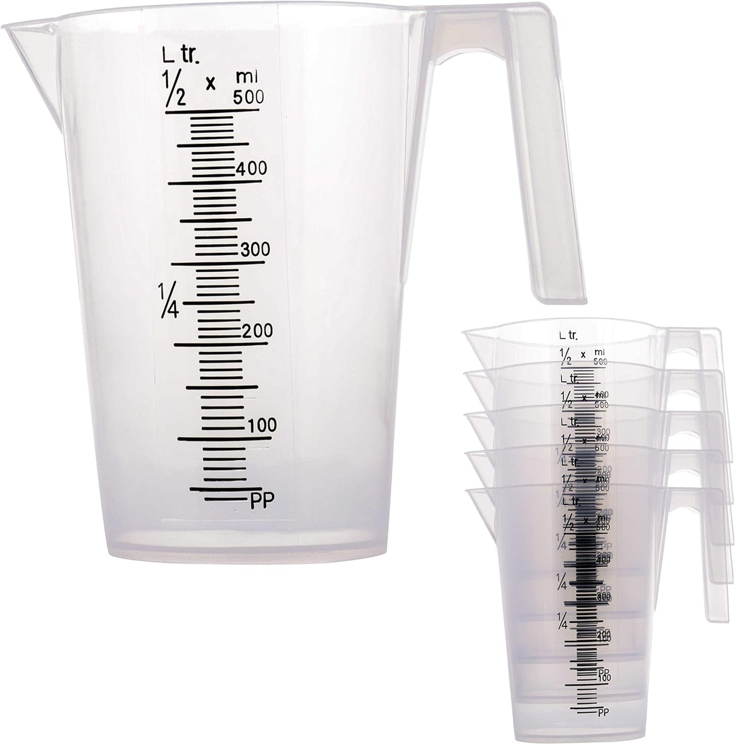 TCP Global 1/2 Liter (500ml) Plastic Graduated Measuring and Mixing Pitcher (Pack of 6) - Holds Over 1 Pint (16oz) - Pouring Cups, Measure & Mix Paint, Resin, Epoxy, Kitchen Cooking Baking Ingredients