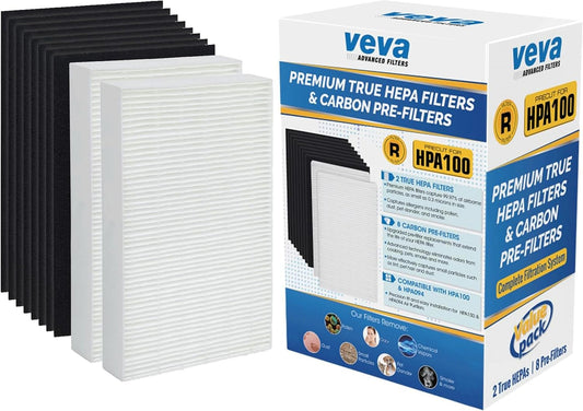 HPA100 Replacement Filters for Honeywell Air Purifier - 2 HEPA Filters w/ 8 Carbon Pre-Filters, Compatible with HPA100, 104, 094, HRF-ARVP100 Series Filter R