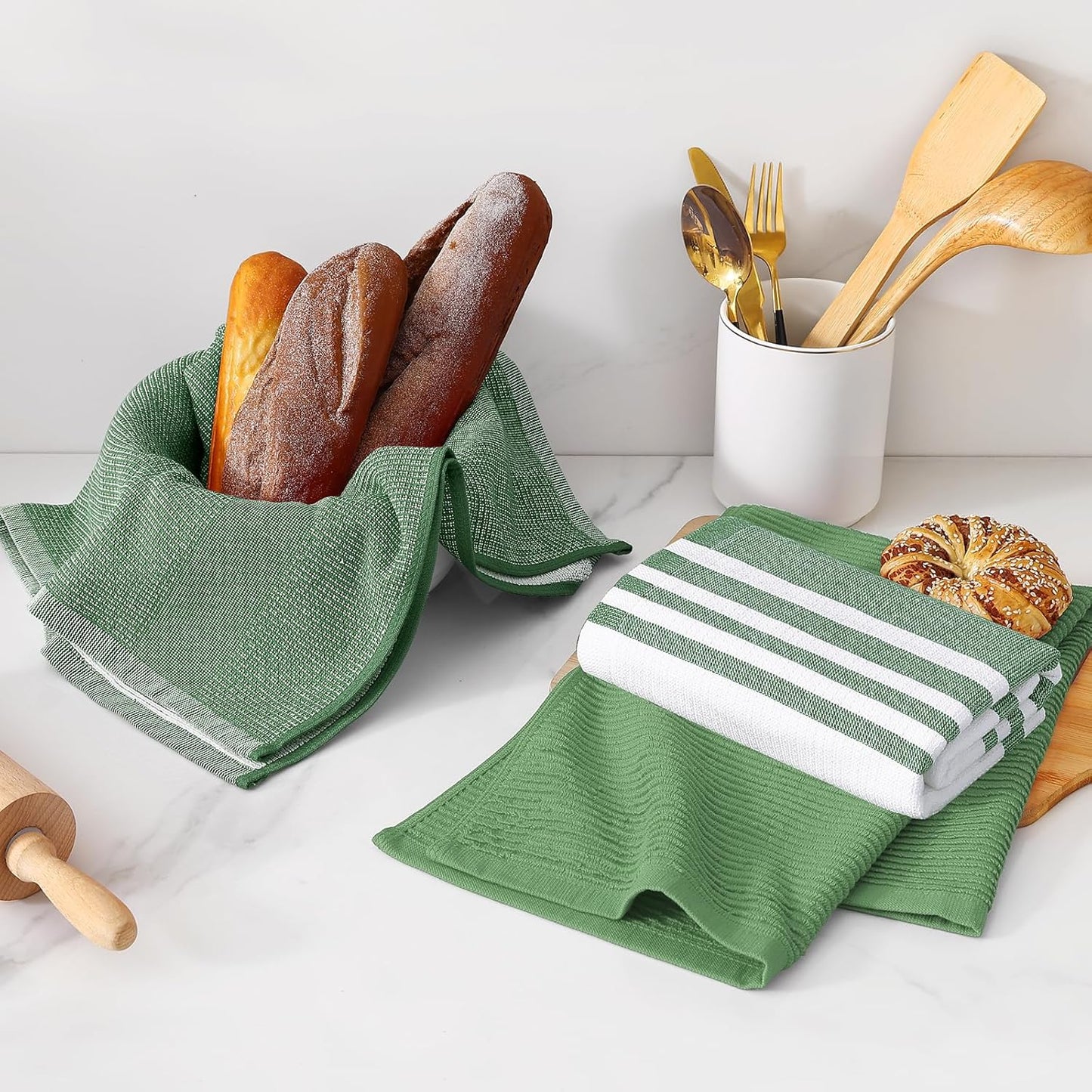 Homaxy Premium Kitchen Towels(18”x 28”, 6 Pack), Large Cotton 380 GSM Kitchen Hand Towels, Soft and Absorbent Terry Dish Towels, Multipurpose Tea Towel Set with Hanging Loop, Grass Green