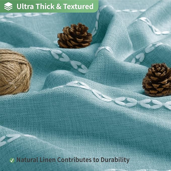 No Hook Extra Long Shower Curtain Set with Snap-in Liner,Linen Textured Thick Striped Fabric with Tassels,Boho Chic Modern Farmhouse Bathroom Curtain,Water-Repellent,Teal,71x86