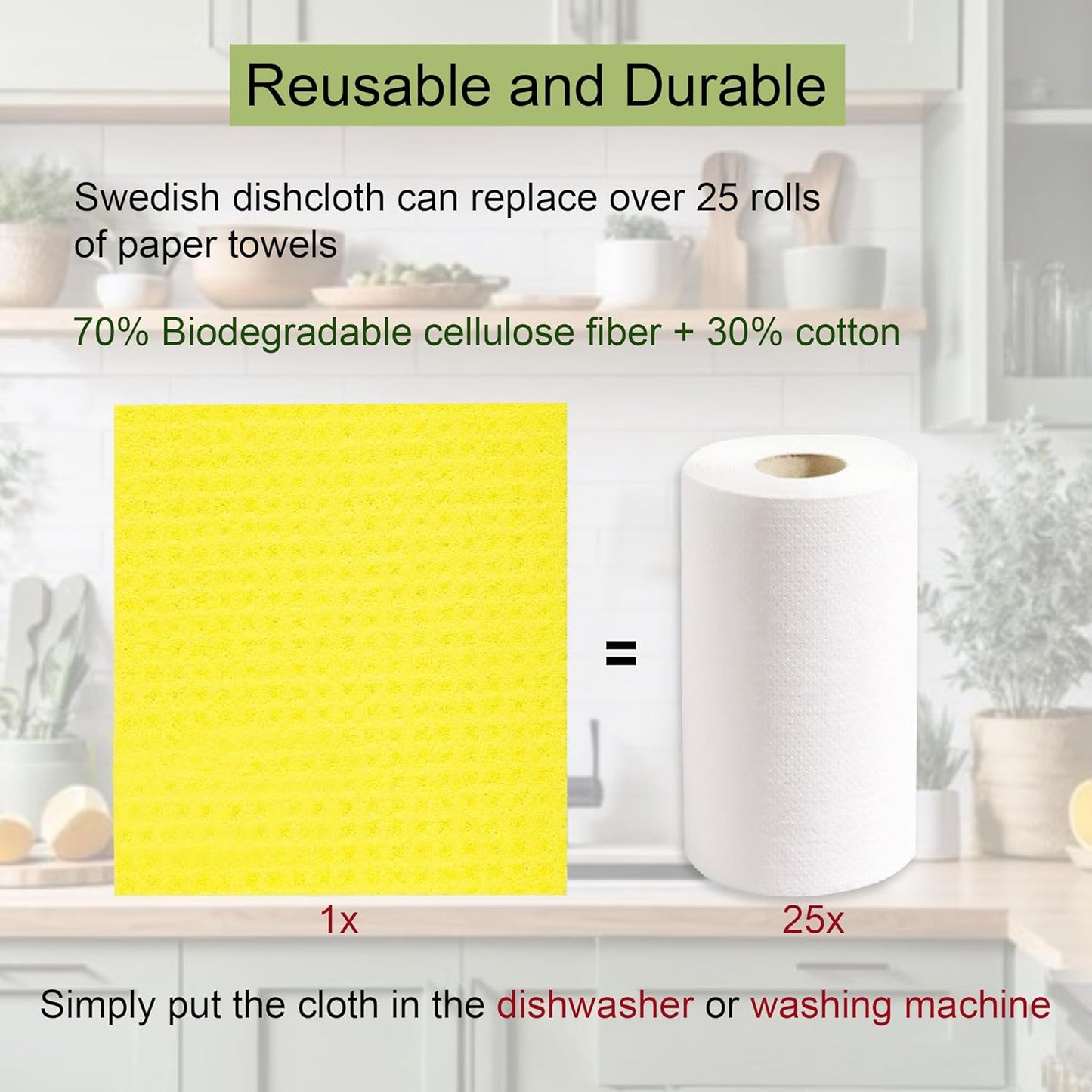 AMOUR INFINI Swedish Dishcloth Cellulose Sponge 8 Pack - No Odor, Resuable and Absorbent Cleaning Cloths for Kitchen, Bathroom, Glass Surface, Furniture (8"x7" Inch - Yellow)