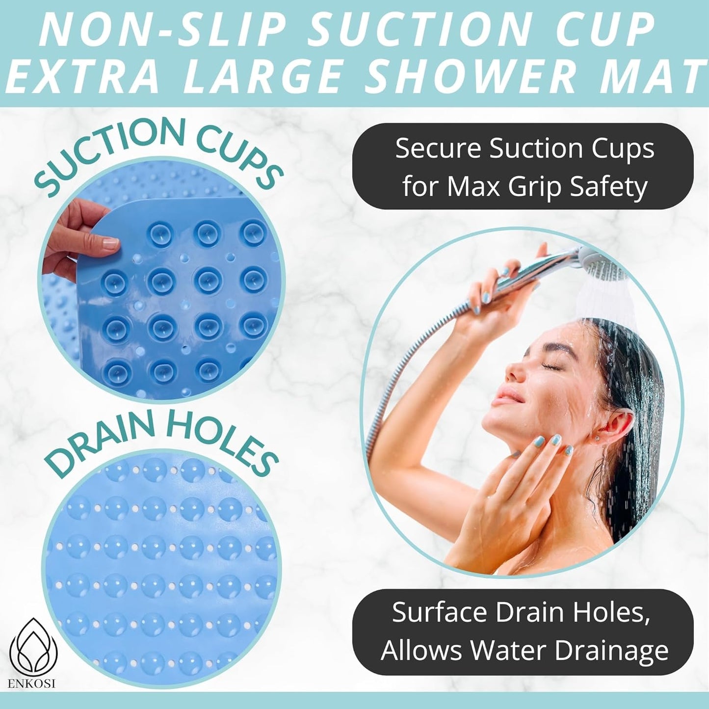ENKOSI Extra Large Shower Mat Non Slip - 47 x 32 inch - XL Bathroom Shower Mat - Large Shower Matts for Shower Stall Floors - Secure Suction Cups and Drain Holes (47x32 Aqua Blue)