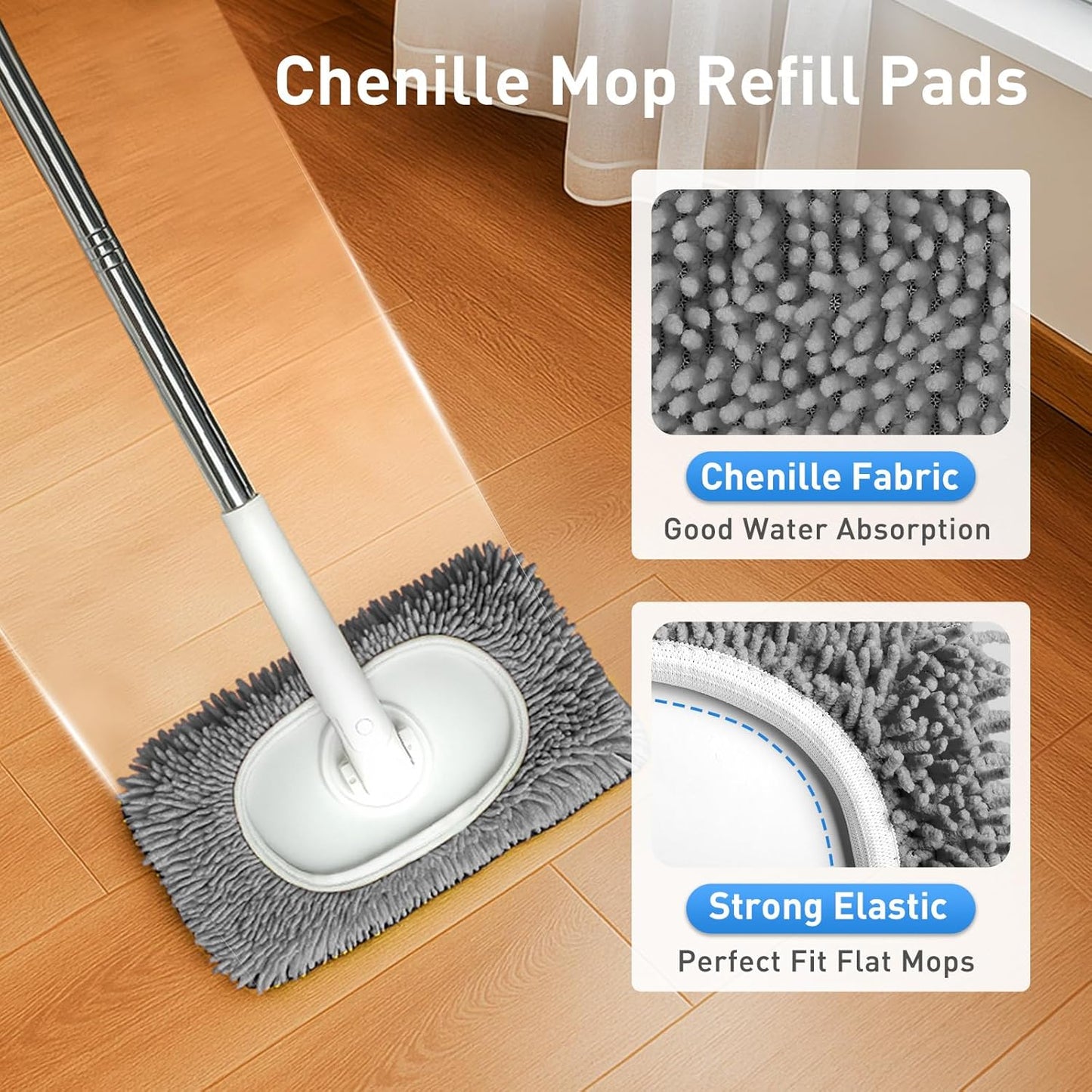 6PCS Reusable Mop Pads Fit for Flat Mops, Chenille Mop Refill Pads Washable Mop Covers, Household Replacement Mop Pads Wet & Dry Sweeping Cloths Mopping Pad Refills for Hardwood Floor Cleaning (Gray)