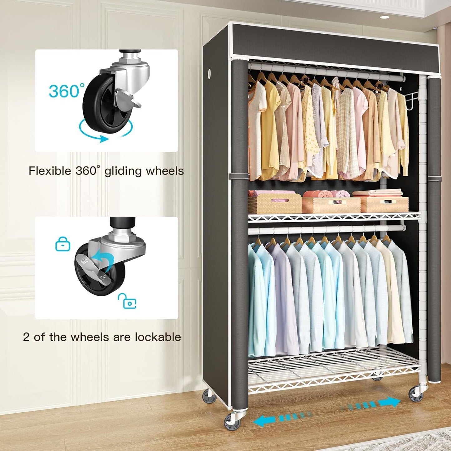 FUTASSI White Clothing Rack with Black Cover, P1C Rolling Closets with Wheels, Metal Garment Rack for Hanging Clothes, Clothing Storage Wardrobe, 36.2" W x 16.5" D x 80.5" H, Load 450 Pounds