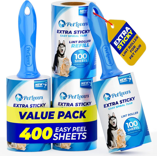 PetLovers Extra Sticky Lint Roller Ultimate Value Set 400 Sheets for Pet Hair Removal, Dog and Cat Lint Remover 4 Pack