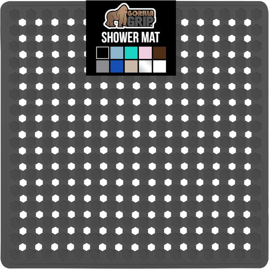 GORILLA GRIP Patented Square Shower Stall Mat, Small Bathtub Floor Mats for Stand Up Showers, Suction Cups and Drain Holes, Machine Wash, Soft on Feet, Bathroom Accessories 21x21 Inch, Charcoal Opaque