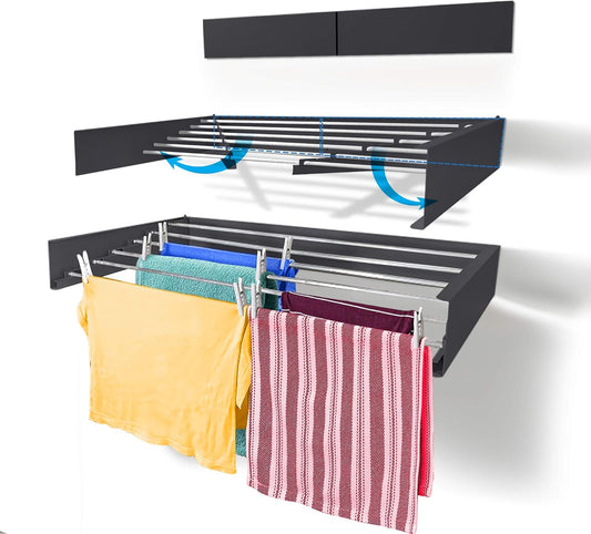 Step Up Laundry Drying Rack (40-INCH Industrial Gray), Wall Mounted, Retractable Clothes Drying Rack, 60lbs Capacity, 20 Linear Ft, with Wall Template and Long Screwdriver Bit