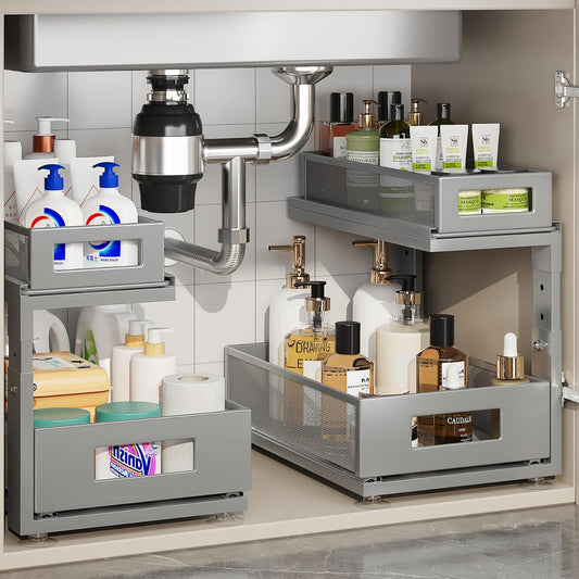 2 Pack 15.74IN-Depth Under Sink Organizer With Next-Gen Ball-Bearing Slides,2-Tier Pull Out Cabinet Storage,Height Adjustable Drawer Shelf for Bathroom,Kitchen,Laundry,Cabinet,Pantry-Gun Gray