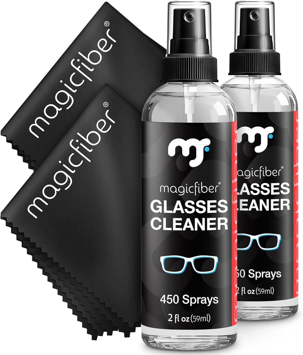 MagicFiber Glasses Cleaner Kit - (2) Eyeglass Cleaner Sprays + (2) Microfiber Cleaning Cloth - Wipes For Eye Glasses, Lenses, Cameras, Screens, Sunglasses, Phones, Electronics, Computer, VR, TV